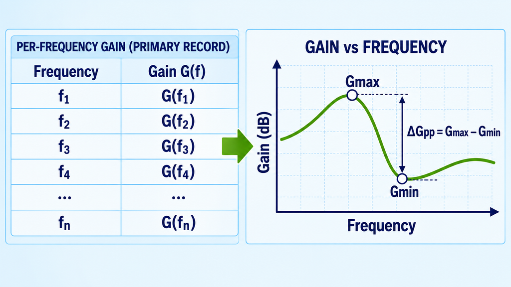 Per-frequency gain records used to calculate Gmax, Gmin, and RF PA gain flatness