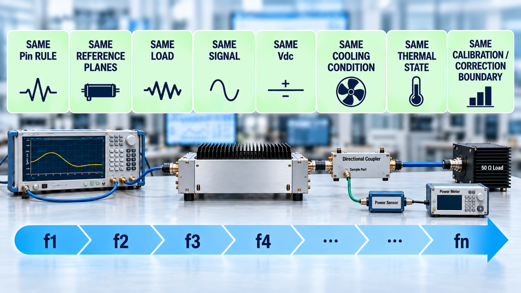 Fixed test conditions for RF power amplifier gain flatness measurement across a frequency sweep