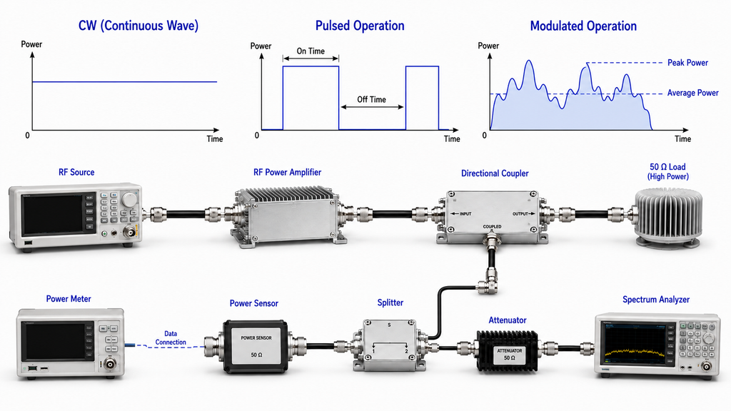 RF PA Selection for CW, pulsed, and modulated operation with duty timing, peak and average power, and a representative RF test chain.