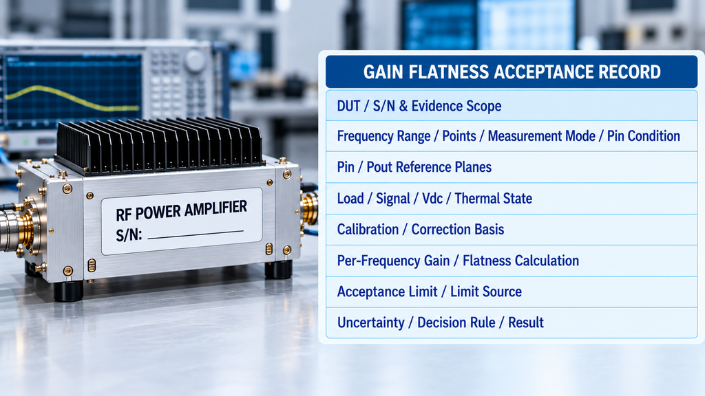 RF power amplifier gain flatness acceptance record covering test conditions, reference planes, limits, uncertainty, and result