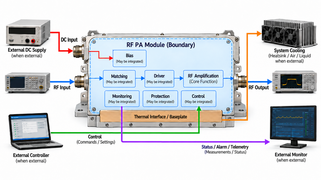 RF PA module boundary showing core RF amplification, optional integrated functions, external DC supply, system cooling, control, and monitoring.