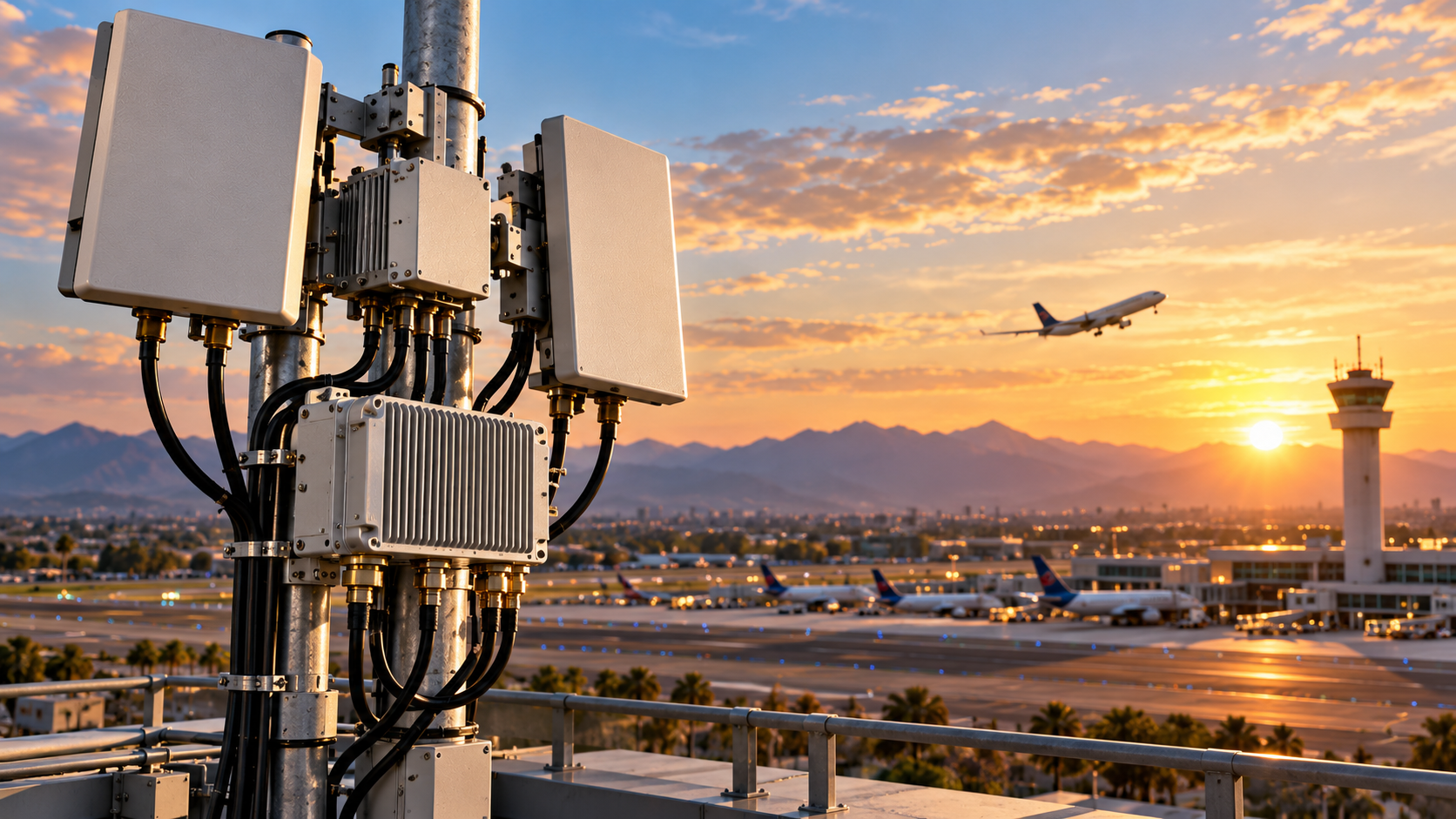 Airport RF infrastructure and antenna installation illustrating the real-world system context around RF power amplifier modules.