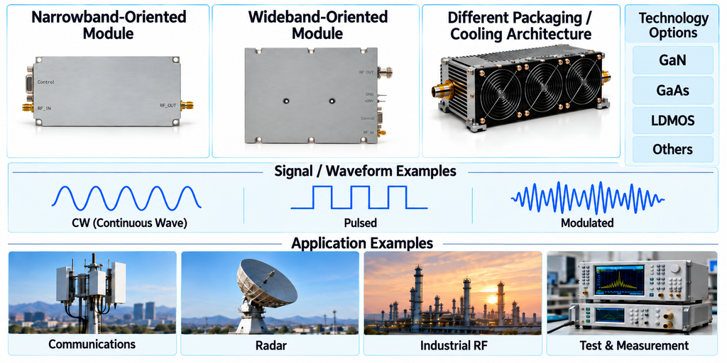 RF PA module examples showing narrowband and wideband designs, packaging and cooling differences, waveform types, technology options, and applications.