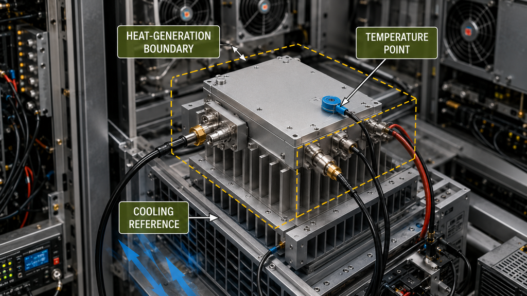 RF PA thermal management setup showing the heat-generation boundary, temperature point, and cooling reference.