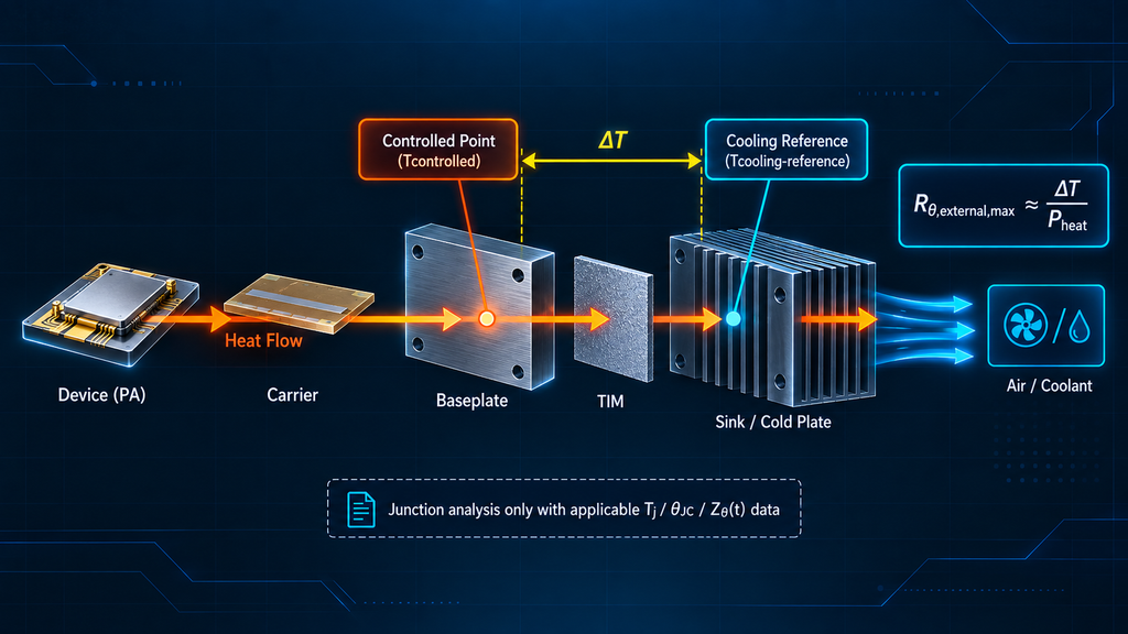 RF PA thermal path from device and baseplate through TIM and cooling system with thermal-resistance budget