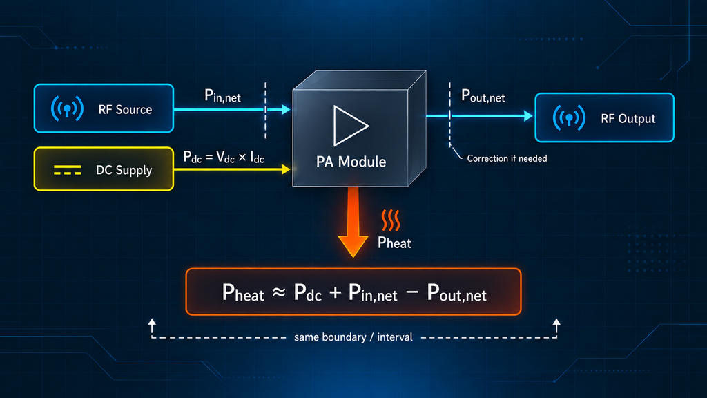 RF PA energy boundary showing DC input, RF input and output, and heat-load calculation