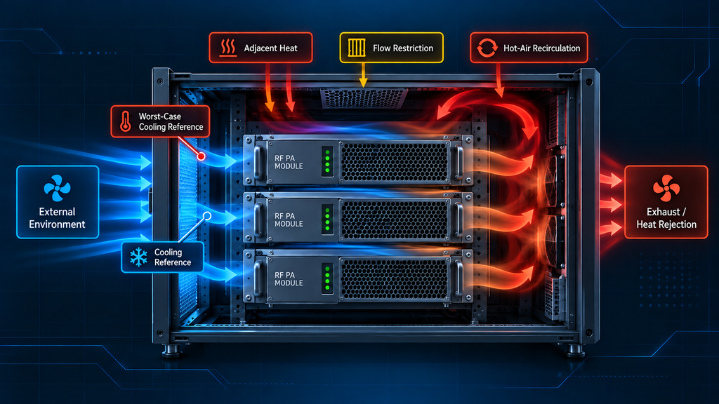 RF PA cabinet cooling showing inlet cooling reference, airflow restriction, adjacent heat, and hot-air recirculation
