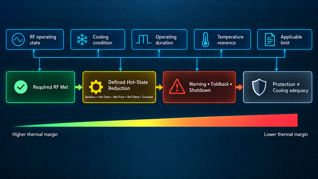 RF PA thermal operating envelope showing normal operation, defined hot-state derating, and protection boundary
