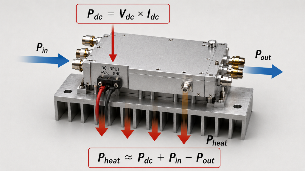 RF PA thermal management heat-load calculation using loaded DC input power, RF input, RF output, and dissipated heat.