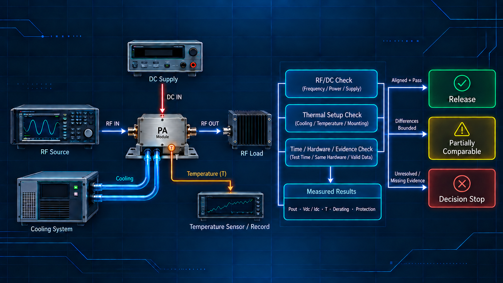 RF PA thermal validation setup comparing RF, DC, cooling, temperature, and evidence conditions before release