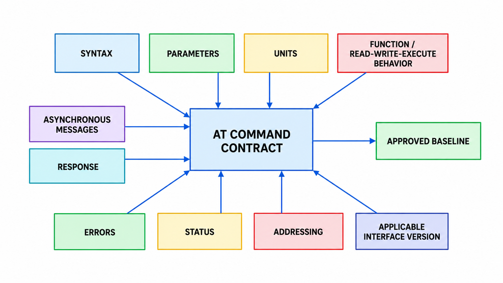 AT command contract baseline covering syntax, parameters, units, command behavior, responses, errors, asynchronous messages, status, addressing, and applicable interface version.