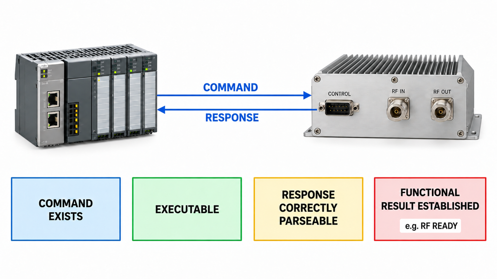 Controller and RF PA module showing command and response communication alongside four separate AT command compatibility checks: command existence, executability, correct response parsing, and functional result establishment.