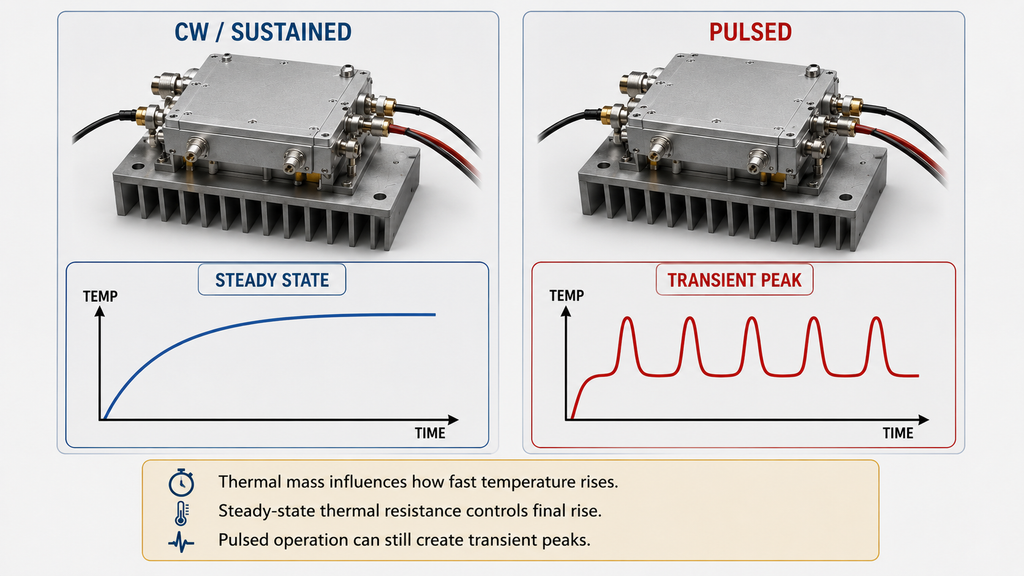 RF PA thermal management comparison of steady-state CW heating and transient temperature peaks during pulsed operation.