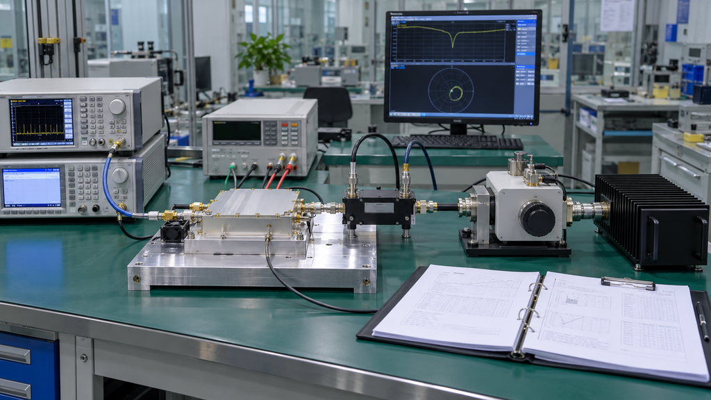 RF PA load-mismatch qualification bench setup with test instruments, mismatch hardware, load and qualification records
