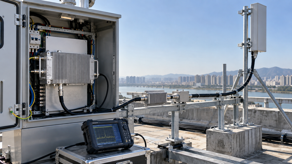 Real C-UAS rooftop antenna installation showing the RF PA, feeder path, antenna and field measurement equipment