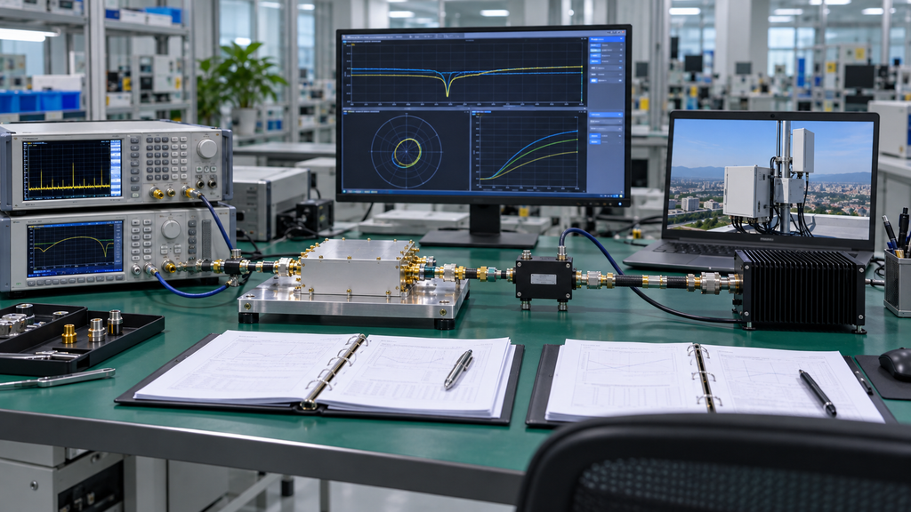 RF PA bench test setup used to normalize qualification data against real C-UAS field operating conditions