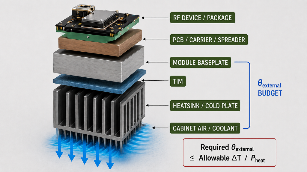 RF PA thermal management thermal path from the module baseplate through TIM and heatsink to cabinet air or coolant.