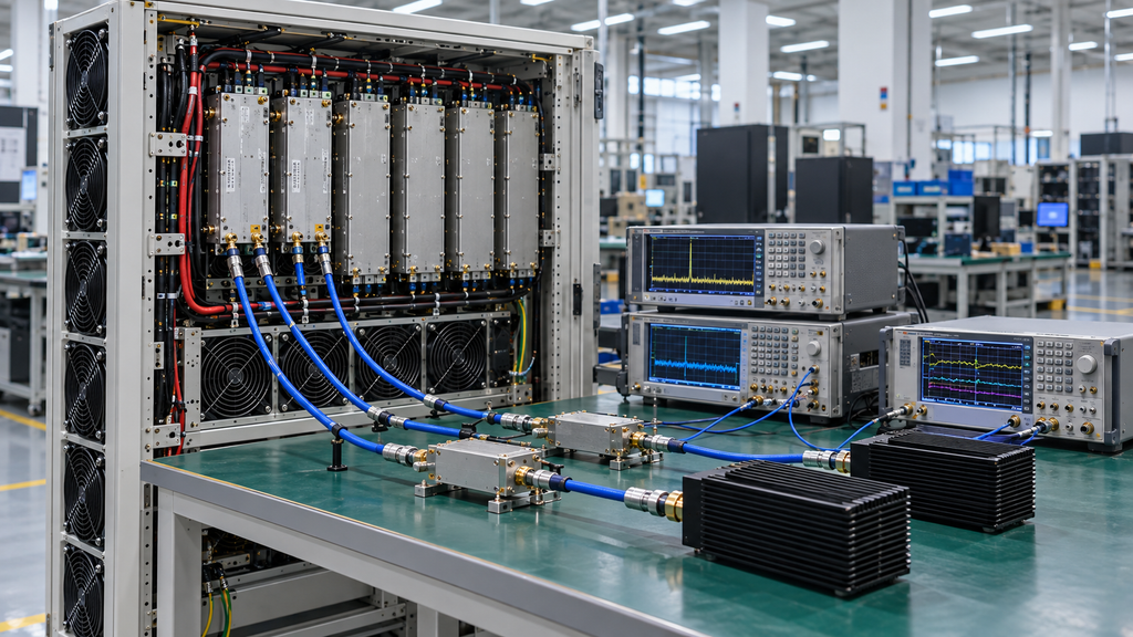 Single RF PA test setup beside a multi-module C-UAS amplifier cabinet