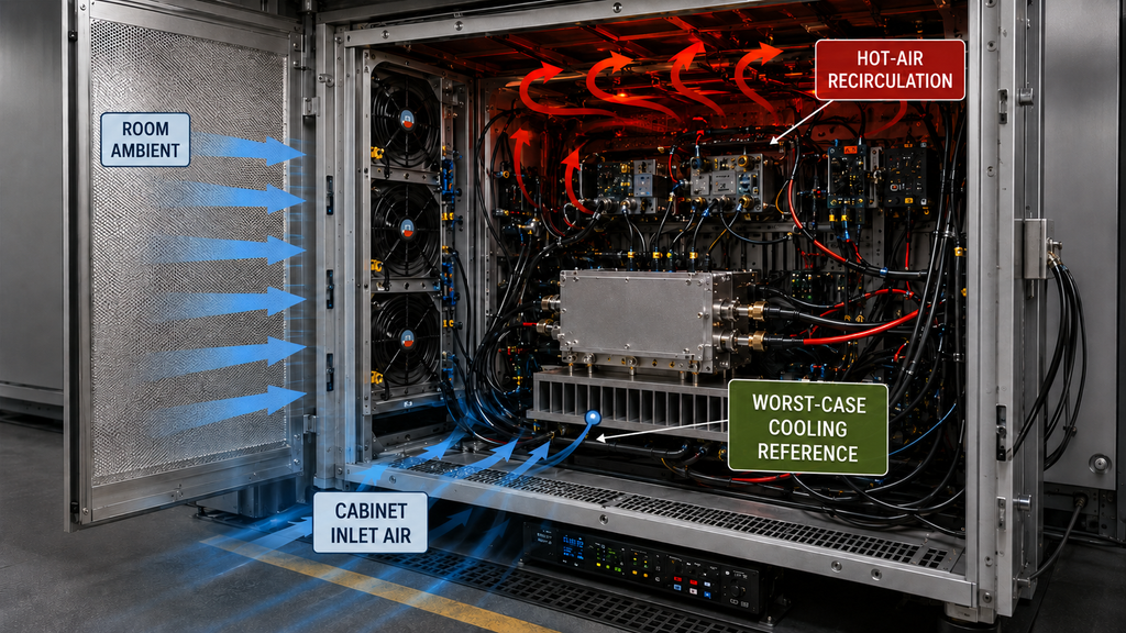 RF PA thermal management example showing cabinet inlet air, hot-air recirculation, and the worst-case cooling reference.