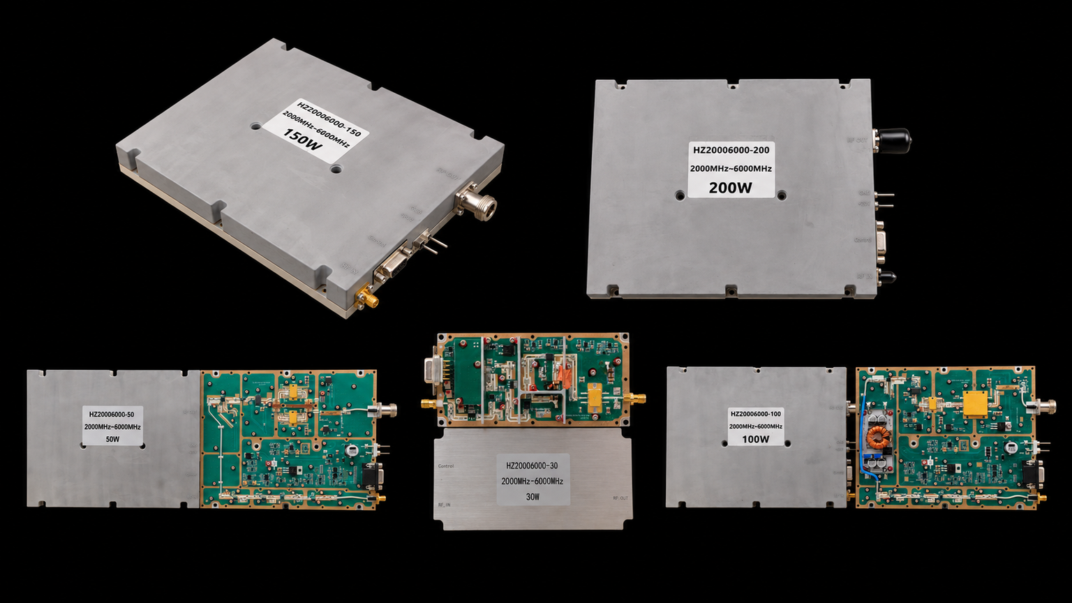 Amplificador RF 2–6 GHz para selección de módulos de 30 W a 200 W