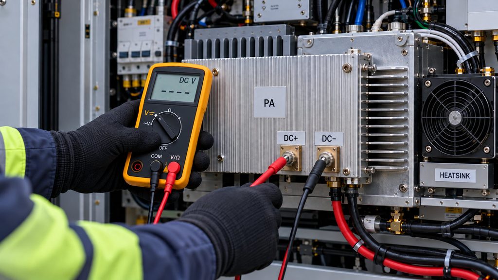 Technician measuring DC voltage at RF power amplifier terminals inside an outdoor equipment cabinet.