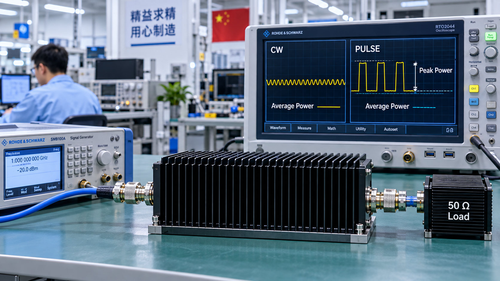RF laboratory measurement setup showing CW and pulsed waveforms to distinguish continuous average power from peak power.