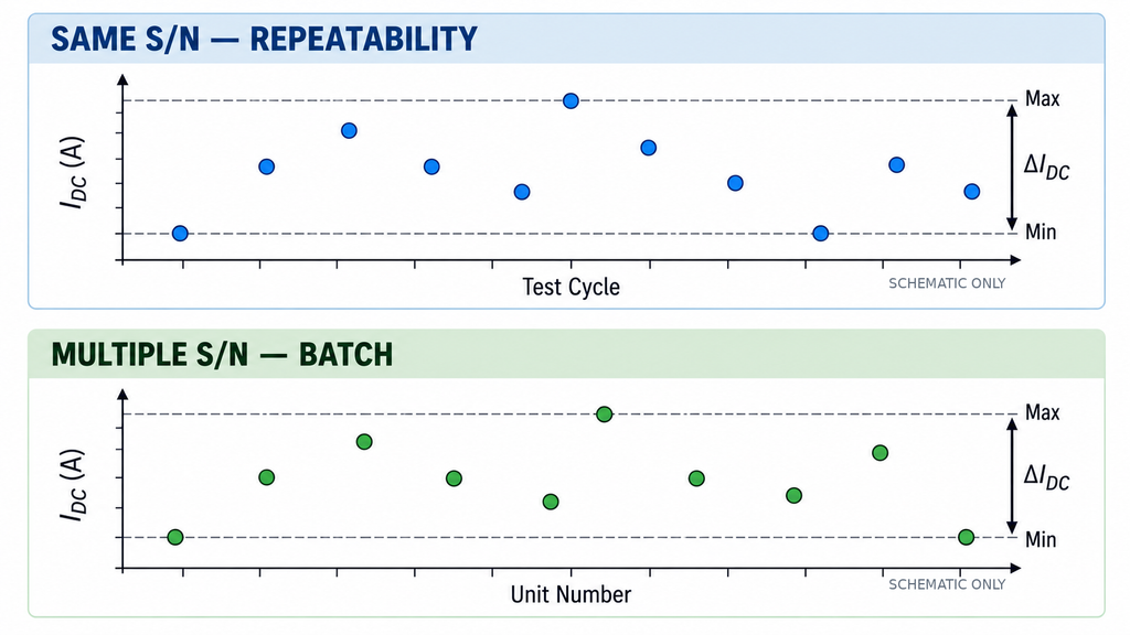 Schematic comparison of RF PA DC current repeatability for one unit and current spread across multiple production units.