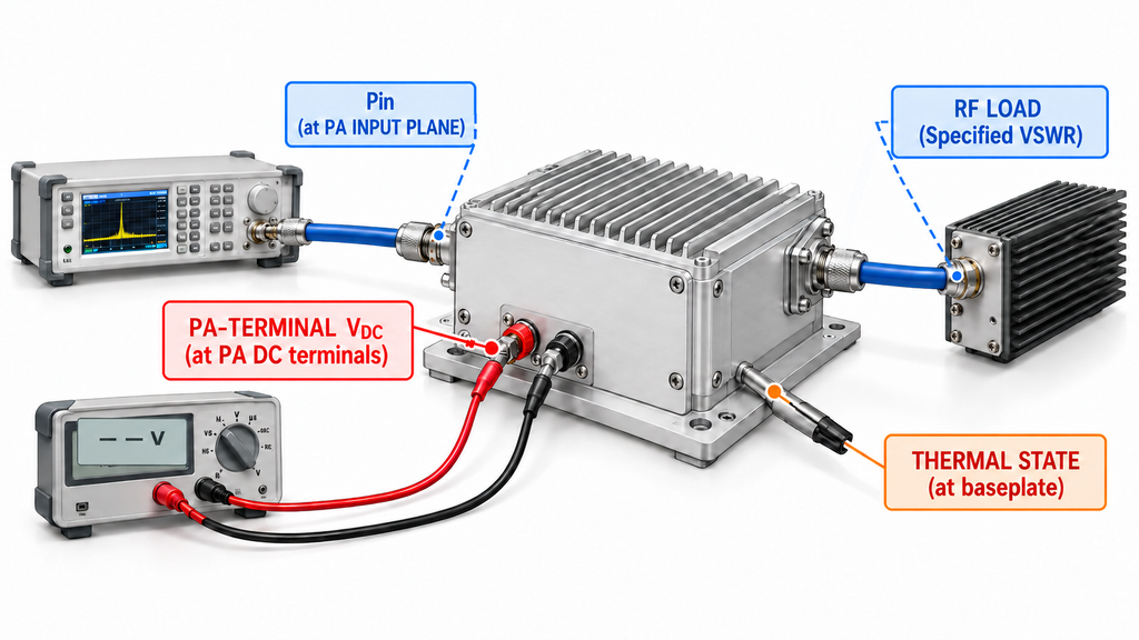 RF power amplifier test conditions showing the RF input reference plane, load, PA-terminal voltage, and baseplate temperature.