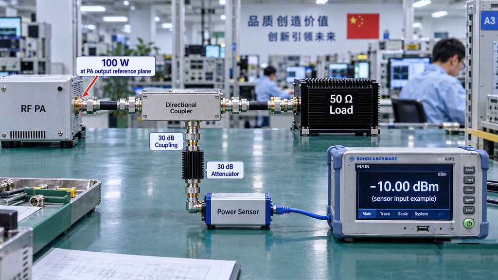 Directional coupler sampling path with a 30 dB attenuator, RF power sensor and power meter displaying a −10 dBm sensor input example.