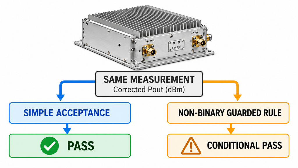 RF power amplifier acceptance comparison showing Pass under simple acceptance and Conditional Pass under a guarded decision rule.
