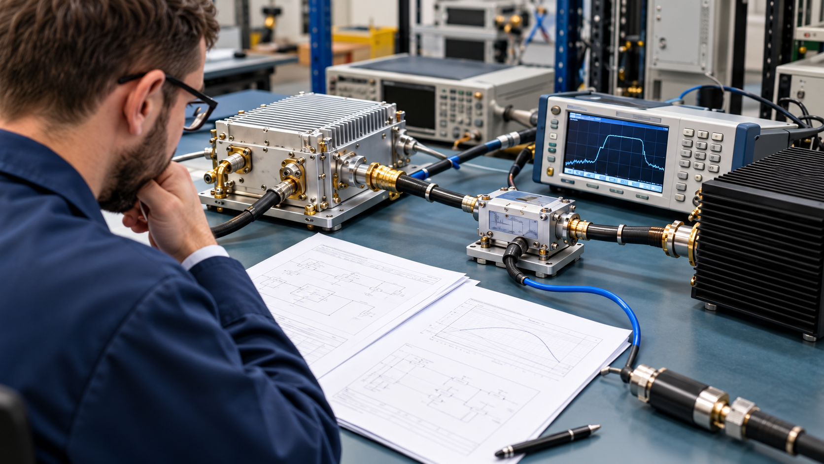 Engineer reviewing RF power amplifier measurement uncertainty and test documentation beside RF testing equipment in an industrial laboratory.