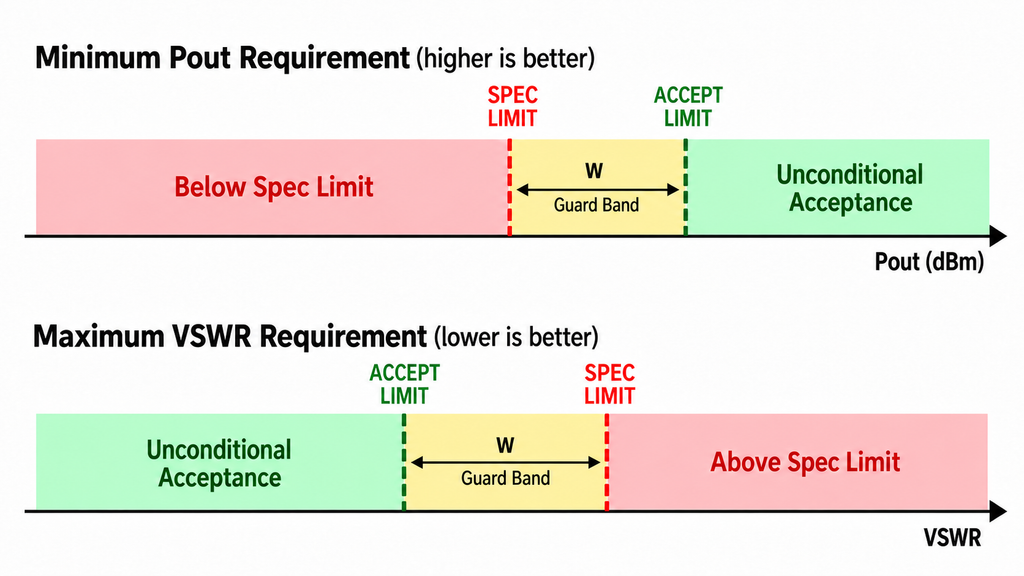 Guard band diagrams showing acceptance limits for minimum RF amplifier output power and maximum VSWR requirements.
