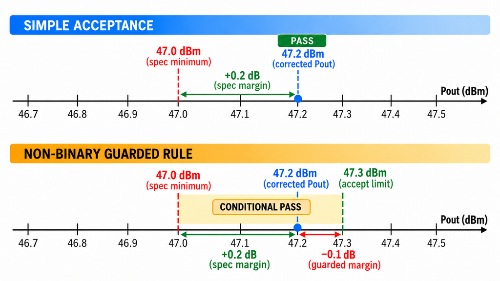 RF power amplifier acceptance example comparing a corrected 47.2 dBm measurement against simple and guarded acceptance limits.