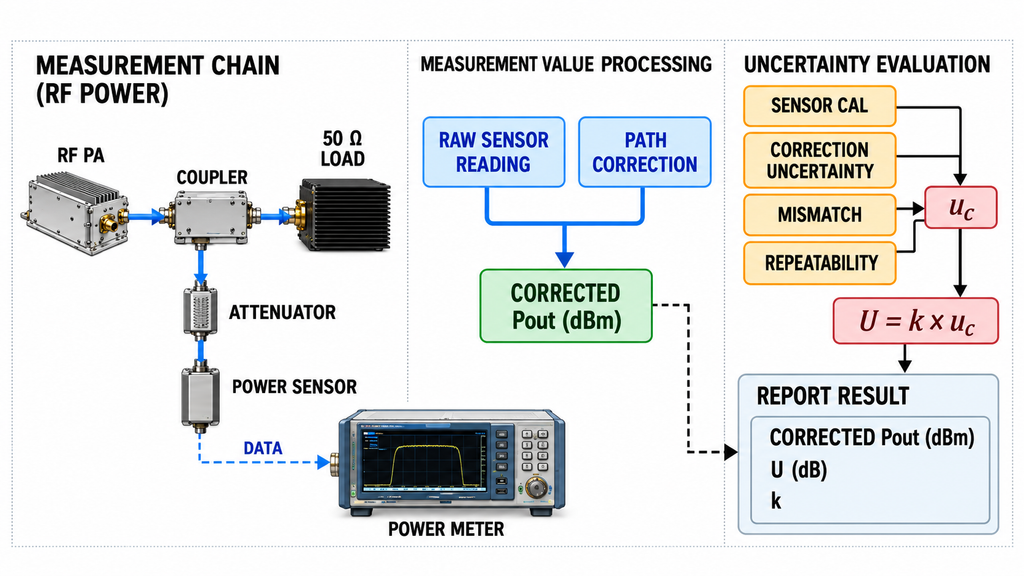 RF power amplifier measurement chain showing corrected output power, uncertainty contributions, and expanded uncertainty calculation.