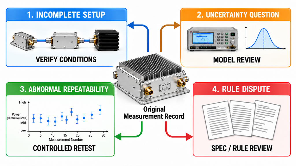RF power amplifier engineering review workflow covering incomplete test conditions, uncertainty questions, repeatability, and decision rule disputes.