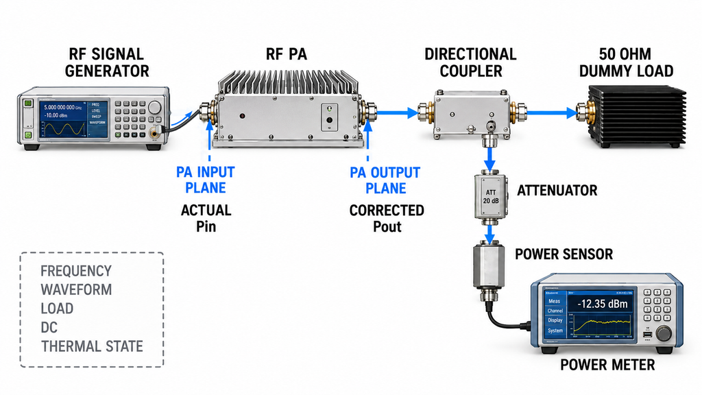 RF power amplifier test setup showing input and output reference planes, directional coupler, attenuator, power sensor, and dummy load.