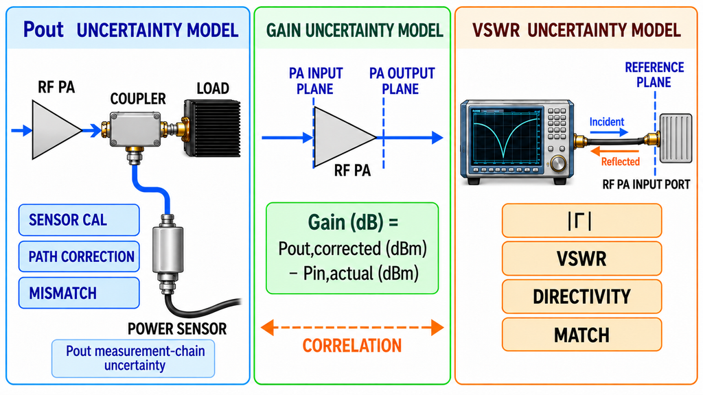 RF power amplifier measurement uncertainty models comparing output power, gain, and VSWR uncertainty sources.