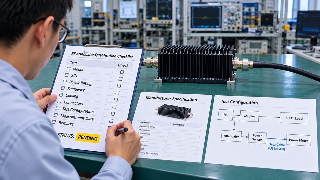RF engineer reviewing attenuator power rating, frequency, cooling requirements and test configuration against a qualification checklist marked pending.