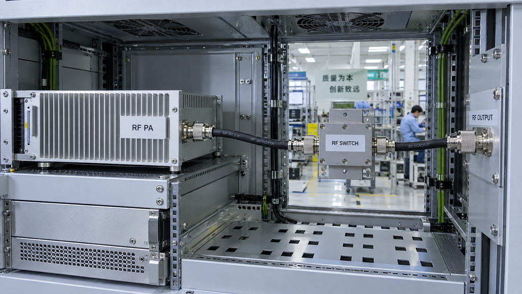 RF power amplifier connected to an RF switch and downstream RF output inside an industrial C-UAS cabinet