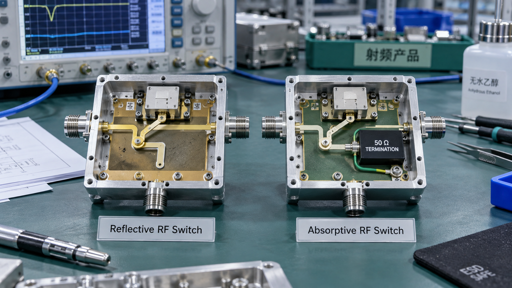 Reflective and absorptive RF switch designs compared, showing the internal 50-ohm termination of the absorptive switch