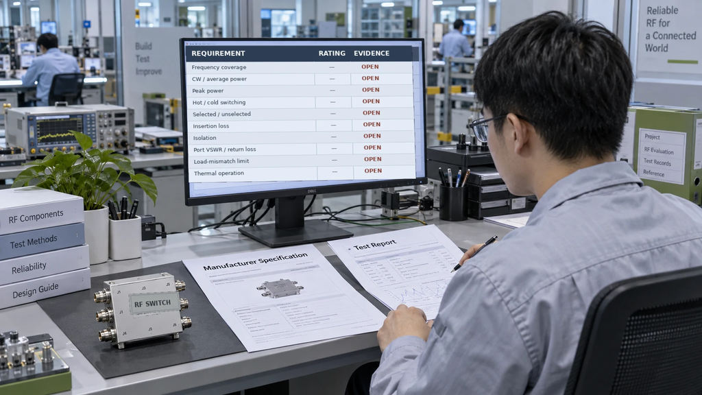 Engineer reviewing RF switch manufacturer specifications, test reports, and qualification evidence matrix