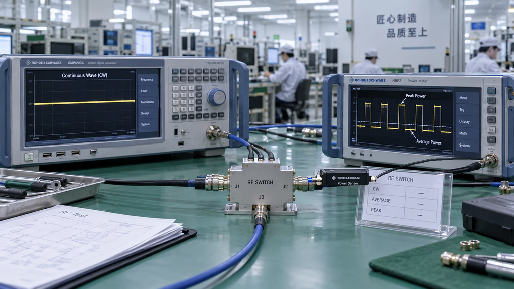 RF switch power rating evaluation using a signal generator, RF power sensor, and power meter