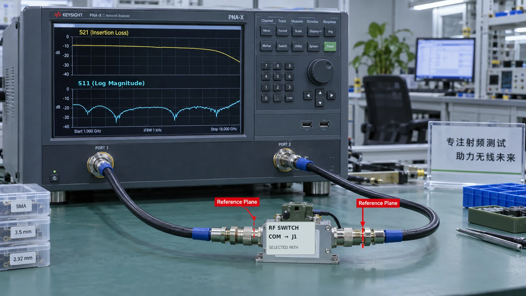 Vector network analyzer measuring RF switch insertion loss and input reflection at defined connector reference planes