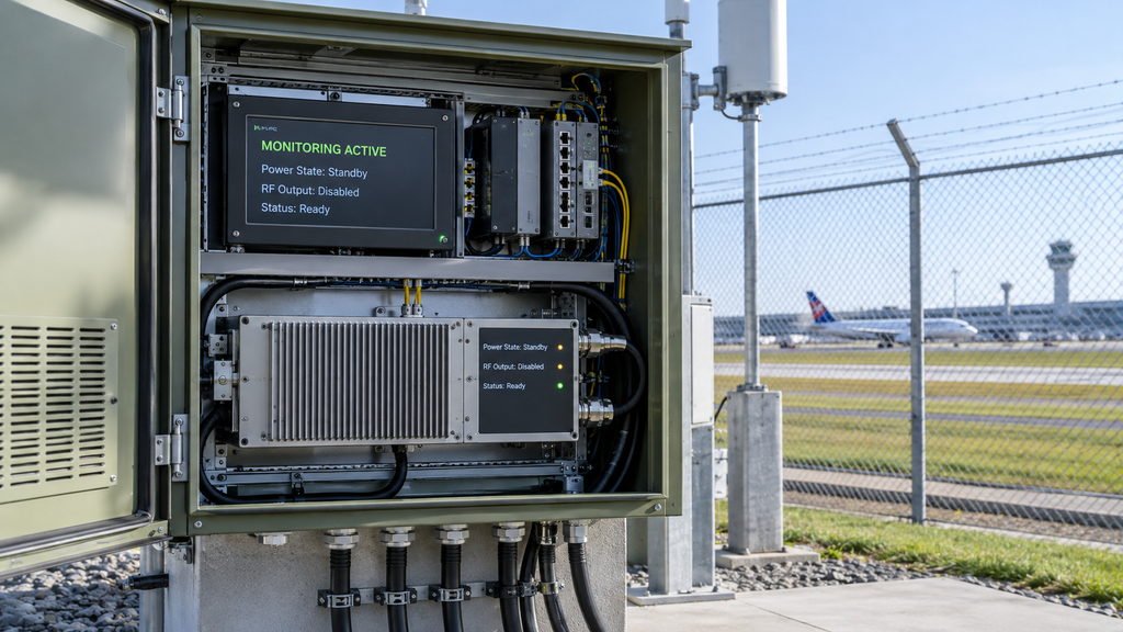 Airport perimeter monitoring cabinet showing an RF power amplifier in standby with RF output disabled.