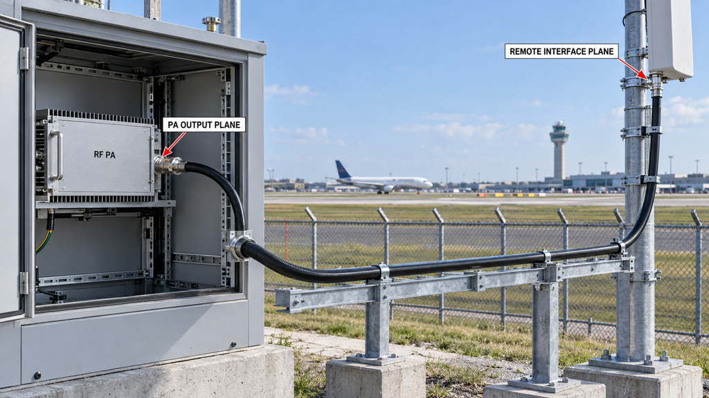 Airport RF power amplifier connected to a remote antenna through a coaxial feeder with two RF measurement reference planes.