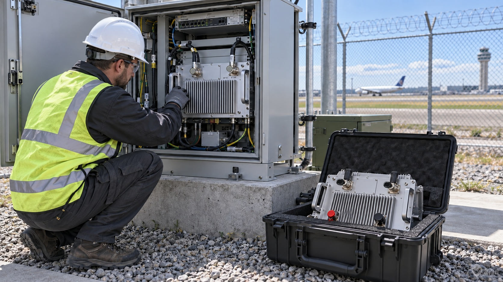 Technician inspecting an airport perimeter RF power amplifier cabinet with a compatible offline spare module nearby.