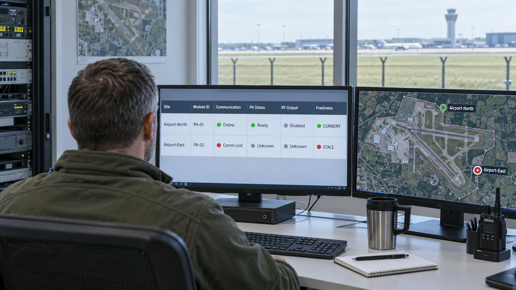 Airport control workstation displaying remote RF power amplifier status, communication loss, and fault monitoring information.