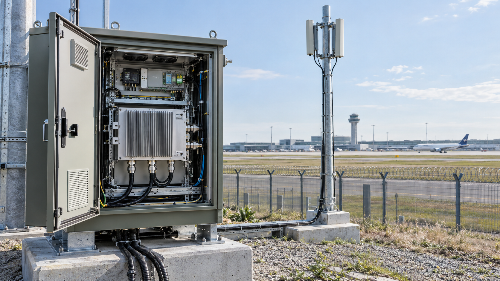 Airport perimeter C-UAS RF power amplifier installed in an outdoor cabinet with a remote antenna mast and airport infrastructure in the background.