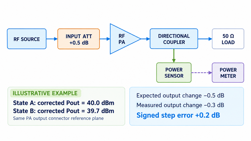 RF PA measurement example comparing a nominal 0.5 dB attenuation step with the actual output power change and step error.