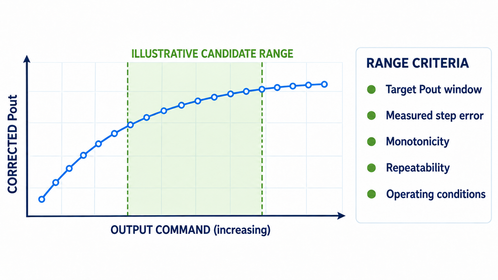 Illustrative RF power control response curve showing a candidate usable range and the criteria required for verification.